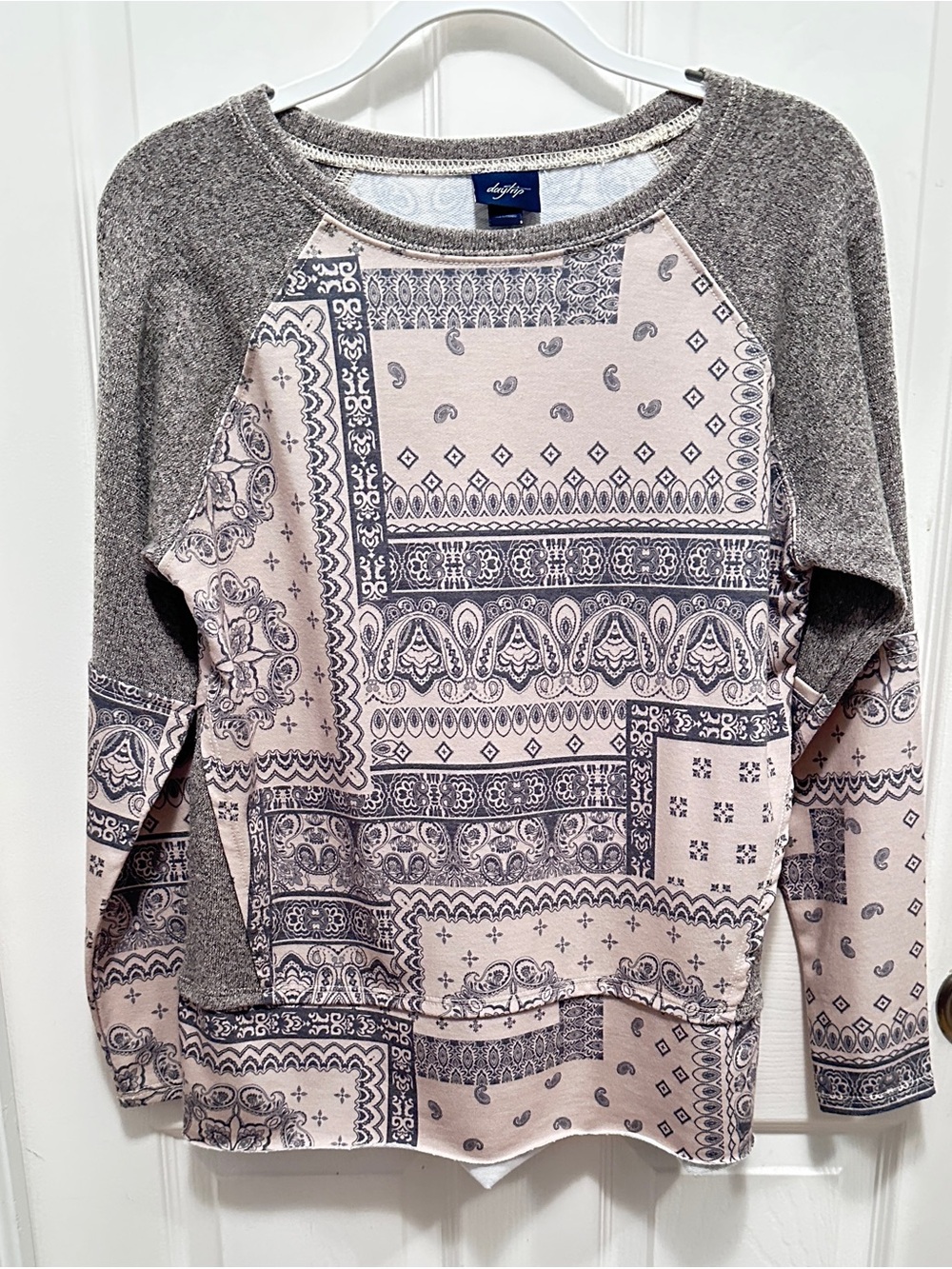 Daytrip Gray Patchwork Print Raglan Sweatshirt. Oversized